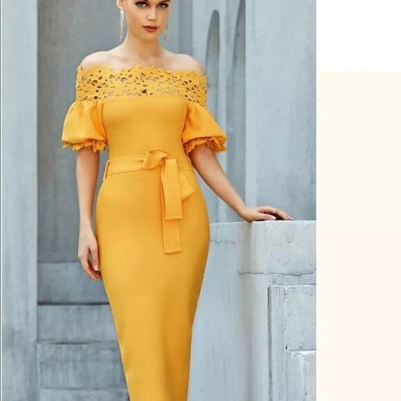 Yellow off the shoulder laser cut dress with lantern sleeves M - Picture 5 of 11